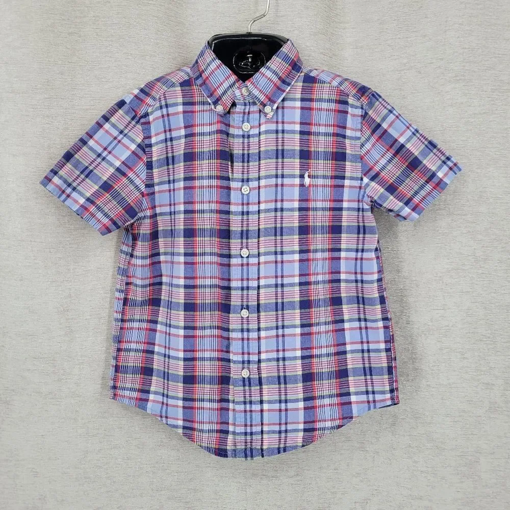 Ralph Lauren Boys Short Sleeve Plaid Button Down Shirt Light Blue Navy Red